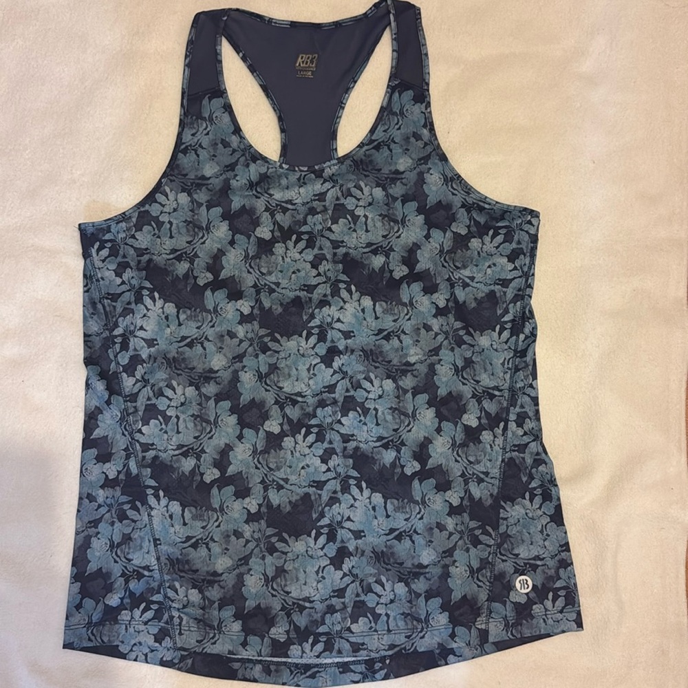 Athleta Momentum Womens Tank L Black and Teal Floral Racerback Pullover Stretch
